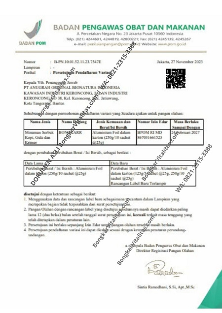 Surat asli persetujuan pendaftaran BPOM Kopi Bongkar MD 867031661523 dokumen asli bongkarvitalitas.com